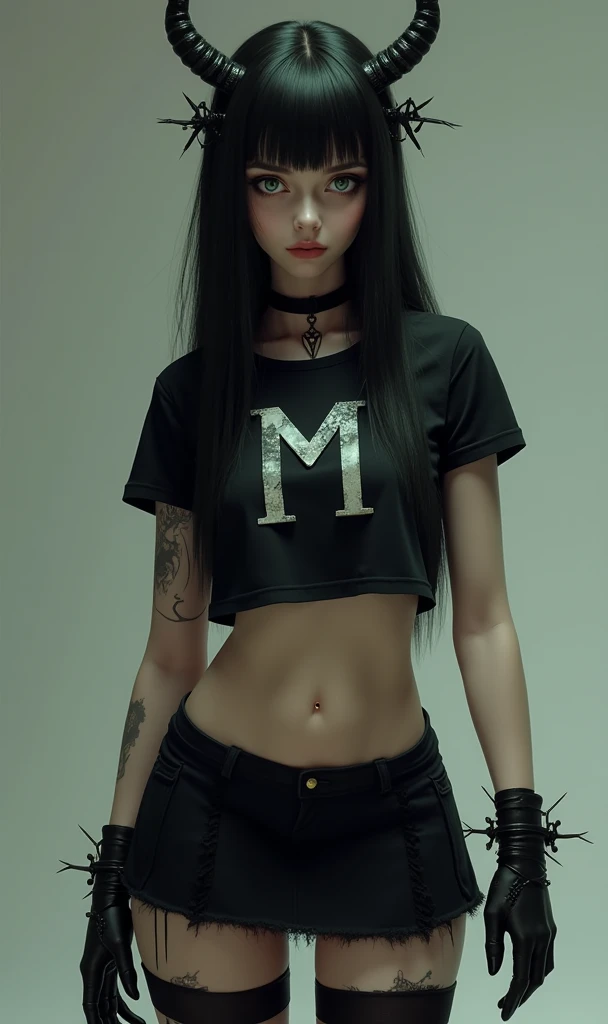 black haired girl,  with black horns , barbed earphones , a black navel-length t-shirt with the initial “M”, a short black mini skirt and ripped black tights,  black gloves and green eyes  