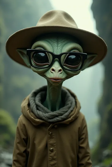 Alien with black square glasses and light brown hat