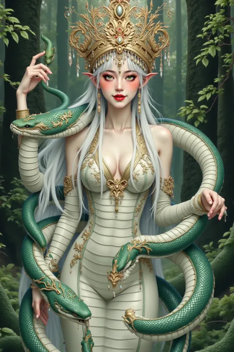  A white snake queen in the forest, The Snake Girl Portrait , white python 。gorgeous high hat， Art Sprout detailed ,  Extremely Detailed Art Sprout,   Fantasy Art Style, 