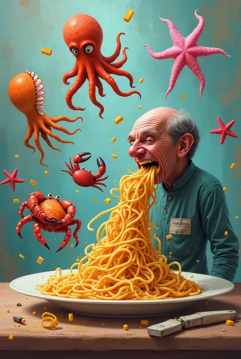 A  throwing an octopus, a crab and a pink starfish into a plate of spaghetti 