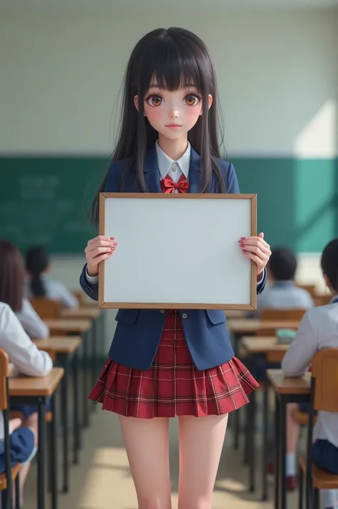  high resolution,( photorealistic: 1.4,RAW shooting), school classroom, 18 year old girl, long dark hair, realistic skin texture,Whole body expression,正面を向いて立っている,Blue blazer, red check skirt that sticks out the crotch, white socks, brown shoes, holding a ...