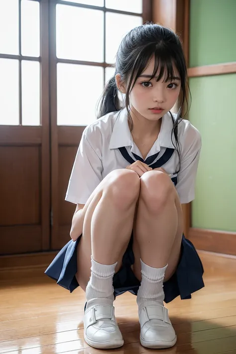  taken from an orphanage when I was 14、  beautiful Japanese girl、school uniform、 miniskirt、 wet white panties、white socks、knees、White panties are placed on the side 、Face turned sideways、I'm scared to see my foster father's penis、(( is frightened:1.2))、 st...