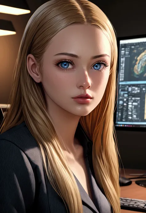 a beautiful girl with long blonde hair, detailed eyes, nose, and lips, wearing  professional outfit, siting in her office, using her computer, hp comuter (best quality,4k,8k,highres,masterpiece:1.2),ultra-detailed,(realistic,photorealistic,photo-realistic:...