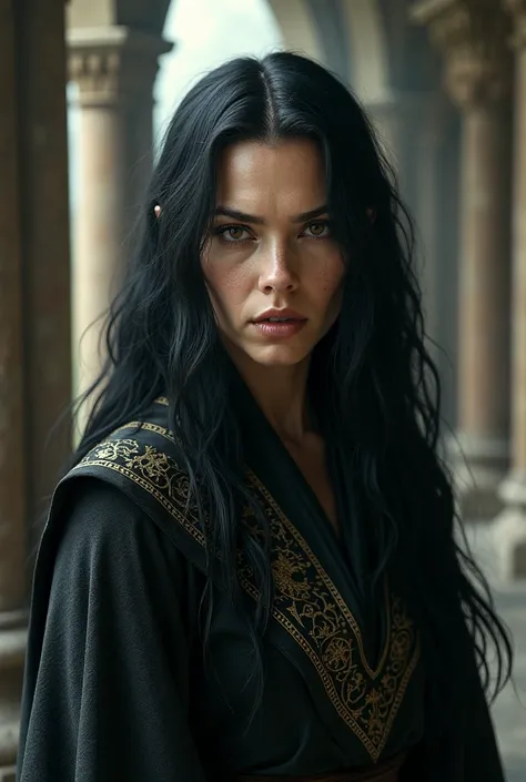 A stern beautiful old woman with black hair, medieval fantasy, fantasy movie, realistic 