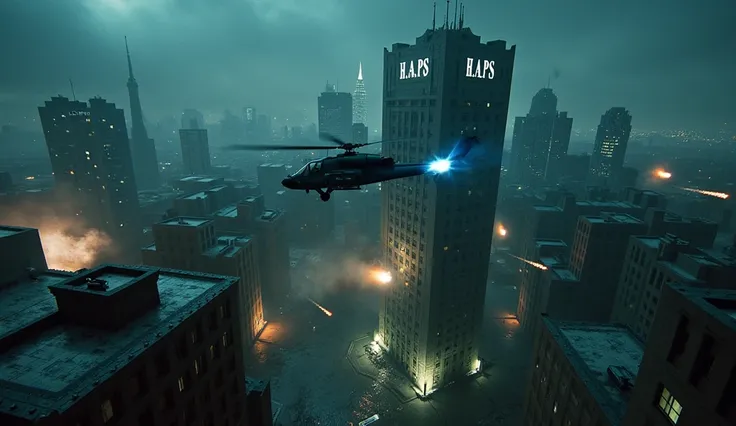 A wide overhead shot captures the **Apache attack helicopter** hovering high above the **H.A.P.S. Tower**, its **missile pods glowing faint cyan** as they lock onto their target. Below, the **brutalist skyscraper**, embedded within the sprawling **H.A.P.S....