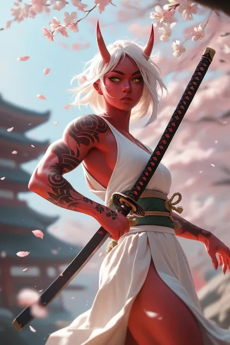 Female Oni, strong, muscular, thin, teen, red skin, white flower petal tattoos, white hair, gold eyes, horns. Standing with katana over shoulder. Falling cherry blossoms.