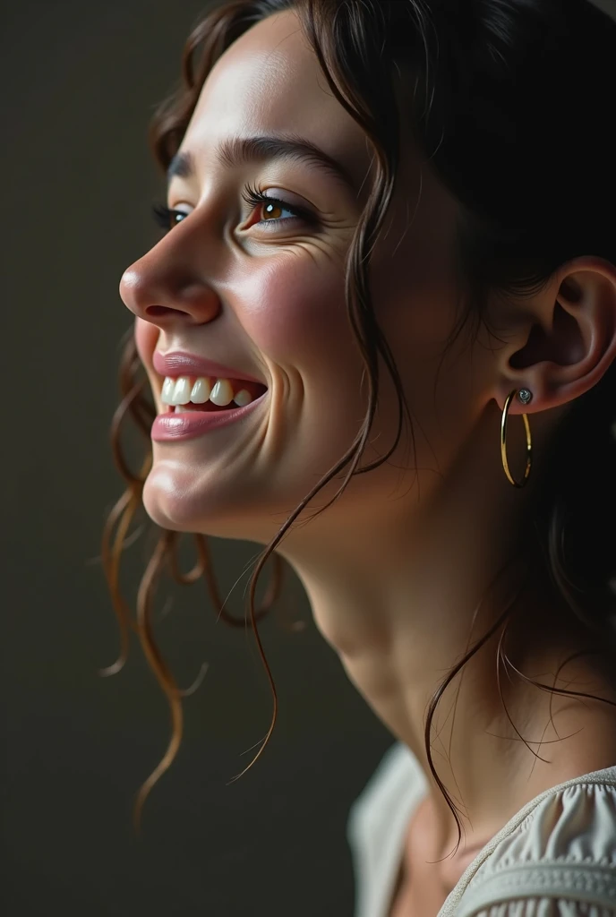 A young woman in profile with a tear on her face and a realistic smile with a tear on her cheek