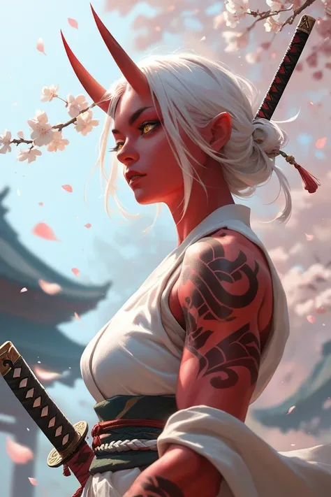 Female Oni, strong, muscular, thin, , red skin, white flower petal tattoos, white hair, gold eyes, horns. Standing with katana over shoulder. Falling cherry blossoms.