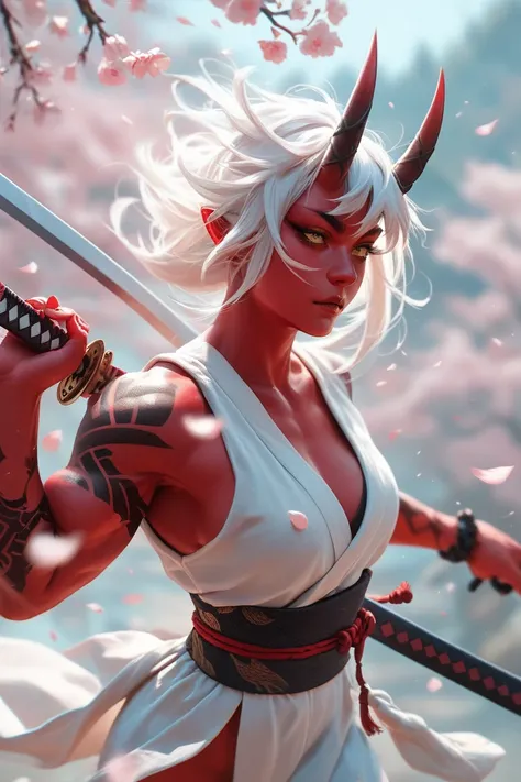 Female Oni, strong, muscular, thin, , red skin, white flower petal tattoos, white hair, gold eyes, horns. Standing with katana over shoulder. Falling cherry blossoms.