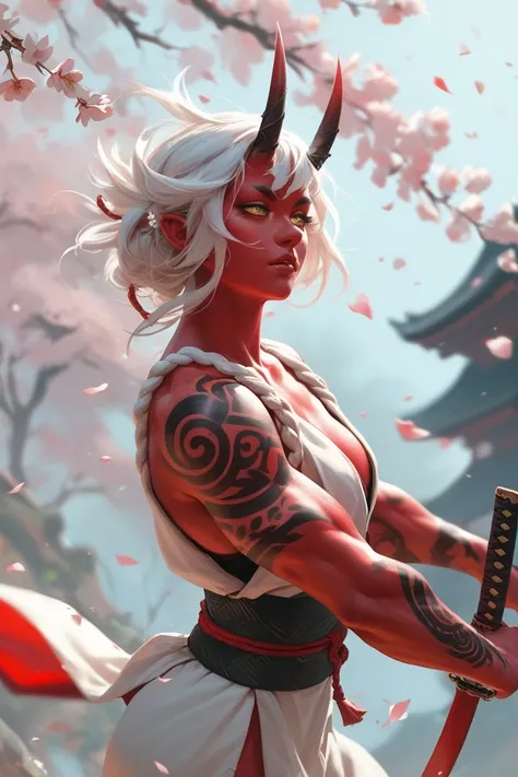 Female Oni, strong, muscular, thin, , red skin, white flower petal tattoos, white hair, gold eyes, horns. Standing with katana over shoulder. Falling cherry blossoms.