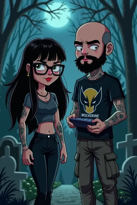 A cartoon image in a cemetary at night. A girl with long black hair with bangs, oversized square glasses, wearing black lipstick on lips, wearing a black choker necklace, and a skull necklace, freckles on her cheeks, green eyes and a nose piercing, wearing...