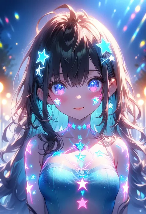    animated screenshot with school pool in the background 、  artistic animation illustration of a girl  ,  彼女の体と顔には、 on her body and face {x} has many fluorescent neon star tattoos。Neon glow、 This scene looks like a dream  , A soft focus effect that accent...