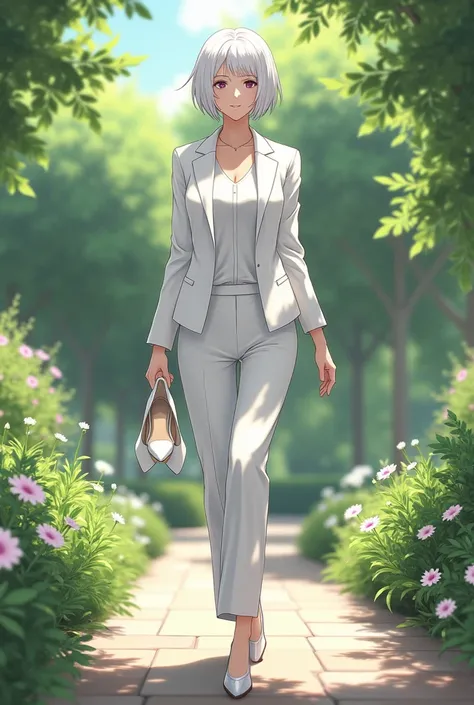 pose casual,  walking, shirt, women&#39;s suit, OL,  white pants ,  short white hair, work pants, garden, SECRETARY, white suit, women&#39;s suit, women&#39;s suit, shirt branca,  white high heels , carrying high heels in hands , barefoot, garden, anime