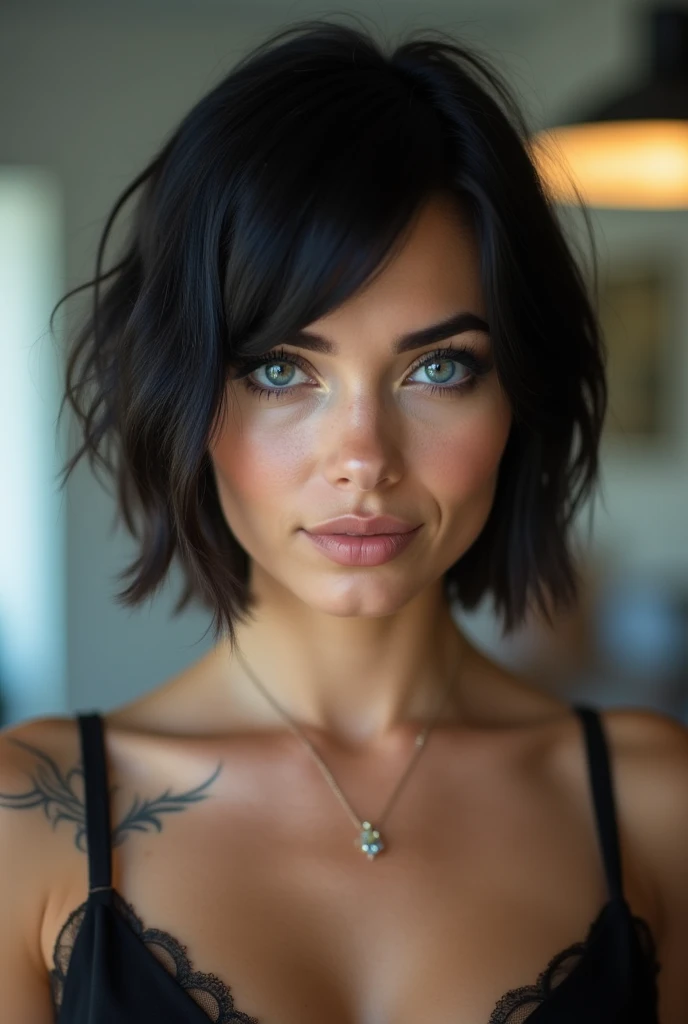 A realistic portrait of a 27-year-old Spanish pornstar with short hair, Black hair and striking blue eyes she is white-skinned. She's fat She should have a natural look,  accessible expression illuminated by beautiful pixels .  The background should be an ...