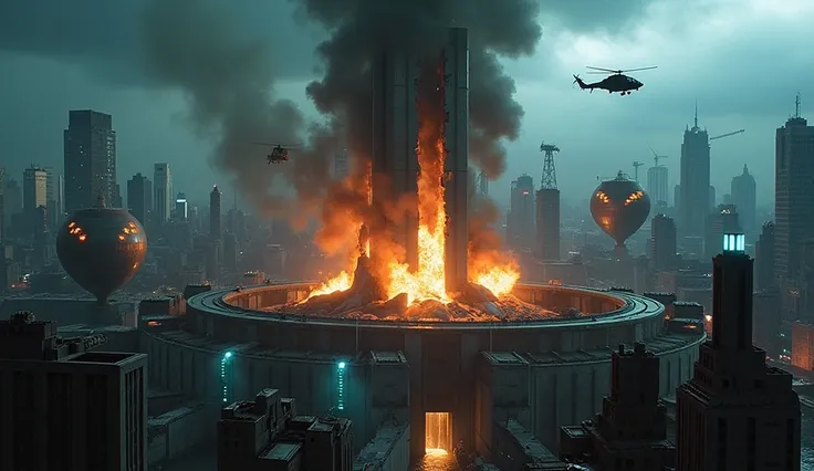 A wide overhead shot captures the **Apache helicopter hovering high above the H.A.P.S. facility**, its missile pods still smoking from the attack. Below, the **H.A.P.S. Tower**, a towering **brutalist skyscraper seamlessly attached to the sprawling H.A.P.S...