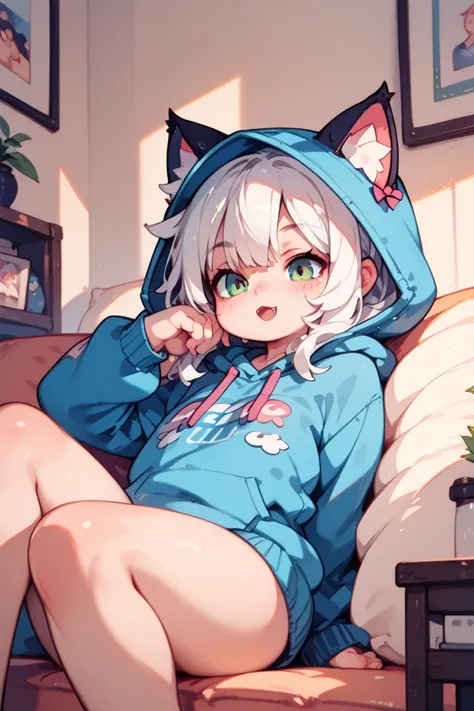 masterpiece,  top quality,  Amazing Quality ,   very aesthetic  ,  high resolution,  Super Detail,   is ridiculous,  1 Japanese woman、 high school girl、Relaxing in the living room、 hoodie(Cat ear hood)