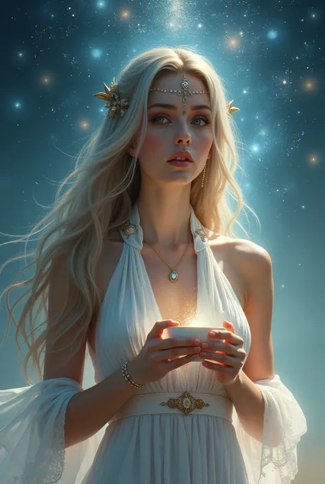  Generate the image of a woman with long hair , Straight hair down to the ankles,, wearing a halter dress and barefoot , holding a cup in her hands while surrounded by stars. 