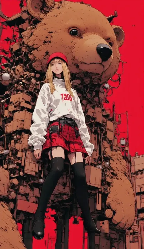   anatomically correct ,     anime girl with a giant teddy bear behind in the background,     she is half profile     ,     red and black plaid miniskirt     ,     three-quarter fishnet stockings     , long black boots,     white sweatshirt with red letter...