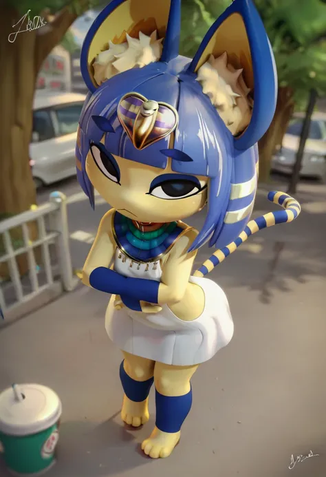 zPDXL, zPDXLxxx, BREAK ankha \(animal crossing\), 3d, 1girl, outdoors, yellow fur, furry, two-tone fur, blue hair, furry female, animal ears, tail, white dress, arms crossed, anthro, felid, feline, body fur, short hair, hair ornament, cat ears, animal feet...