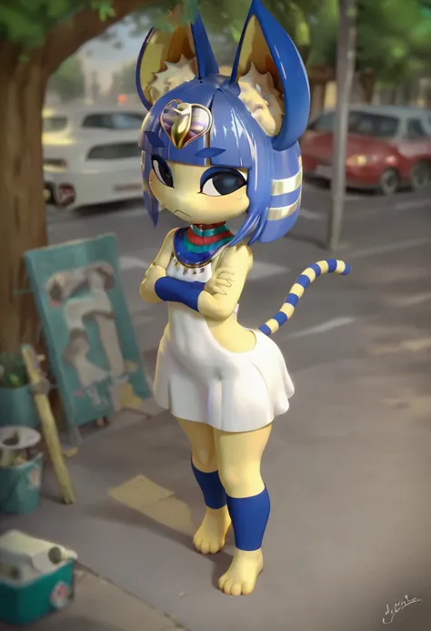 zPDXL, zPDXLxxx, BREAK ankha \(animal crossing\), 3d, 1girl, outdoors, yellow fur, furry, two-tone fur, blue hair, furry female, animal ears, tail, white dress, arms crossed, anthro, felid, feline, body fur, short hair, hair ornament, cat ears, animal feet...