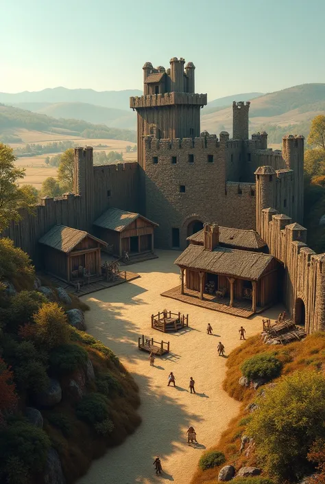  A simple medieval fortress from the early Middle Ages ,  shortly after the fall of the Roman Empire . The castle is modest ,  with a wooden tower and a tall palisade ,  surrounding an earthen courtyard .  The castle is built with wooden trunks ,  with sma...