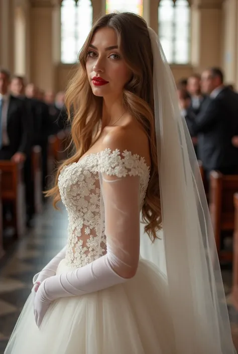 Jeune femme sexy de 30 ans, femme riche, Femme caucasienne, cheveux châtains, cheveux long, rouge à lèvres rouge vif, elle se trouve dans une église, il fait jour, c'est le jour de son mariage, il y a beaucoup de monde, elle porte une superbe robe de marié...