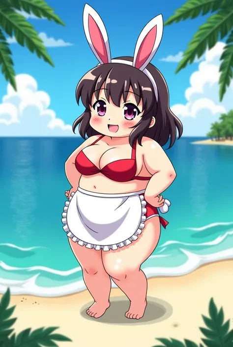   handwritten style chibi character， Japanimation   　，Moe　 ，woman，　 comics 　 2D　， rabbit ears， bikini， apron， estrus，Minimum，  chubby ，Mom，bbw，foot，uninhabited island， pose 