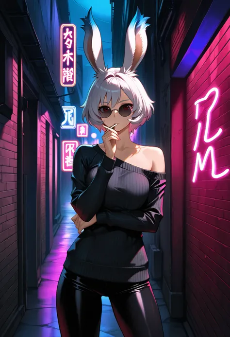 1 Viera girl,Alone,chest, short hair, Hair, red eyes,Round sunglasses ,arm under chest other hand holding cigarettes, raise your arms, standing,  stylish, Shoulder Skin ,  off shoulder ,  sexy, dark sweater with comma background,   Long Sleeve  , bike jack...