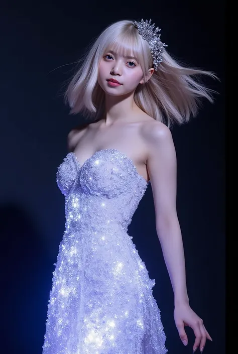 Short hair beautiful girl,
You will create a Japanese Unreal Beauty Queen, 
Blonde hair, pixie cut, messy hair, A gorgeous and intricately designed crystal hair ornament, Hair blowing in the wind, 
White-purple colors eyes,
Her body is entirely made of pri...