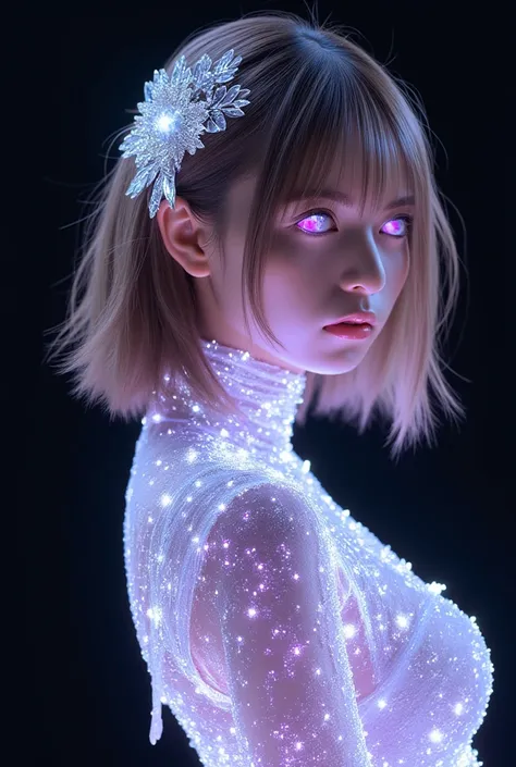 Short hair beautiful girl,
You will create a Japanese Unreal Beauty Queen, 
Blonde hair, pixie cut, messy hair, A gorgeous and intricately designed crystal hair ornament, Hair blowing in the wind, 
White-purple colors eyes,
Her body is entirely made of pri...