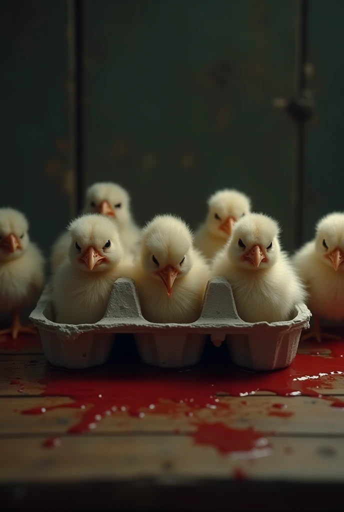 An egg carton on a dining table and in front of this box six dying chicks ,pleurants des larmes de sang,  in close-up . 