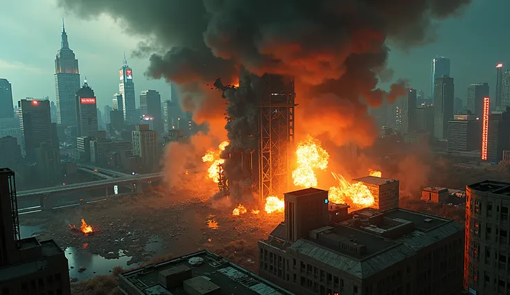 A wide overhead shot captures the **H.A.P.S. Tower beginning to collapse,** its upper floors crumbling inward as the explosions rip through its steel framework. **Flaming debris and shattered concrete** rain down onto the **prison complex below,** while ex...