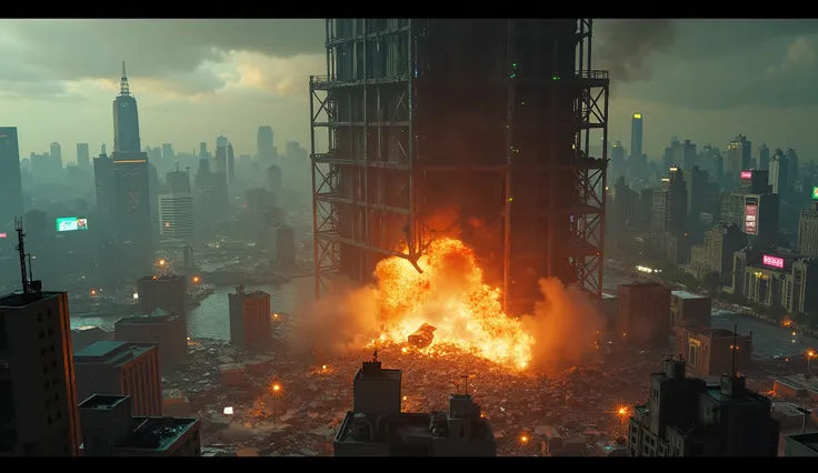 A wide overhead shot captures the **H.A.P.S. Tower beginning to collapse,** its upper floors crumbling inward as the explosions rip through its steel framework. **Flaming debris and shattered concrete** rain down onto the **prison complex below,** while ex...