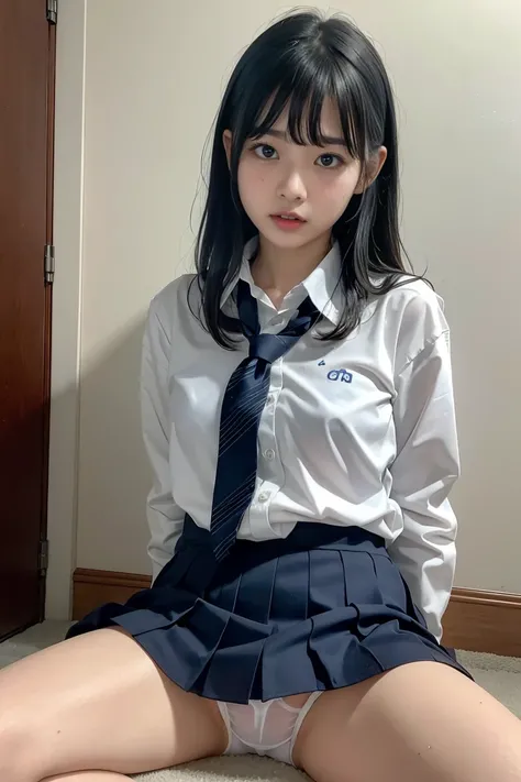 I was taken in from an orphanage when I was  、  beautiful Japanese girl、school uniform、 miniskirt、 wet white panties、white socks、knees、 twisting my body、I'm scared to see my foster father's penis、(( is frightened:1.2))、Straight cut bangs、 black hair、 has w...