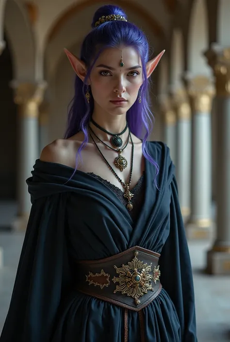 Upper body shot, female, pointed elf ears, white skin, dark purple hair, closed mouth, ancient elven noble attire, elven jewelry, dynamic pose, complex fantasy character, NSFW, cinematic lighting, fantasy, magic, detailed background, in ancient elven palac...