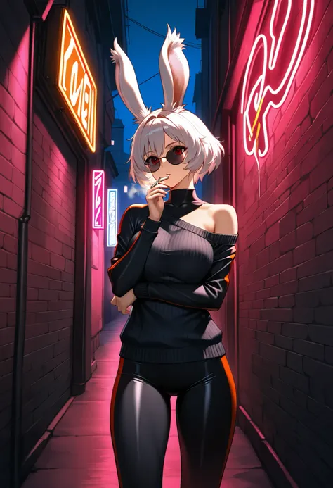 1 Viera girl,Alone,chest, short hair, Hair, red eyes,Round sunglasses ,arm under chest other hand holding cigarettes, raise your arms, standing,  stylish, Shoulder Skin ,  off shoulder ,  sexy, dark sweater with comma background,   Long Sleeve  , bike jack...