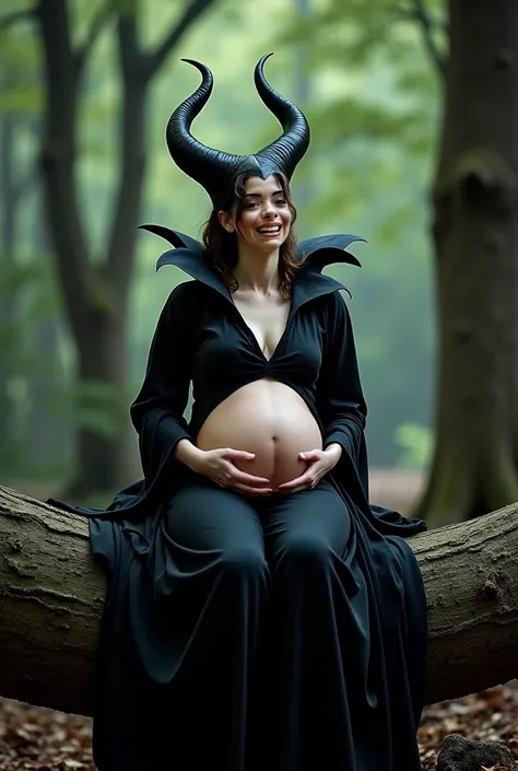 ( Realistic photo) , a sexy girl ,Using traits of Maleficent sitting on a fallen tree trunk,With an evil person's laugh,With your slightly big belly after eating an outsider. Very dark black forest background image