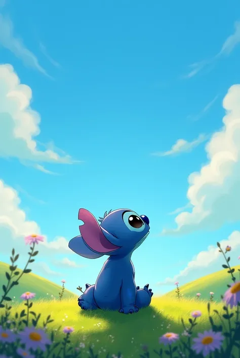 Stich sitting looking up at the sky