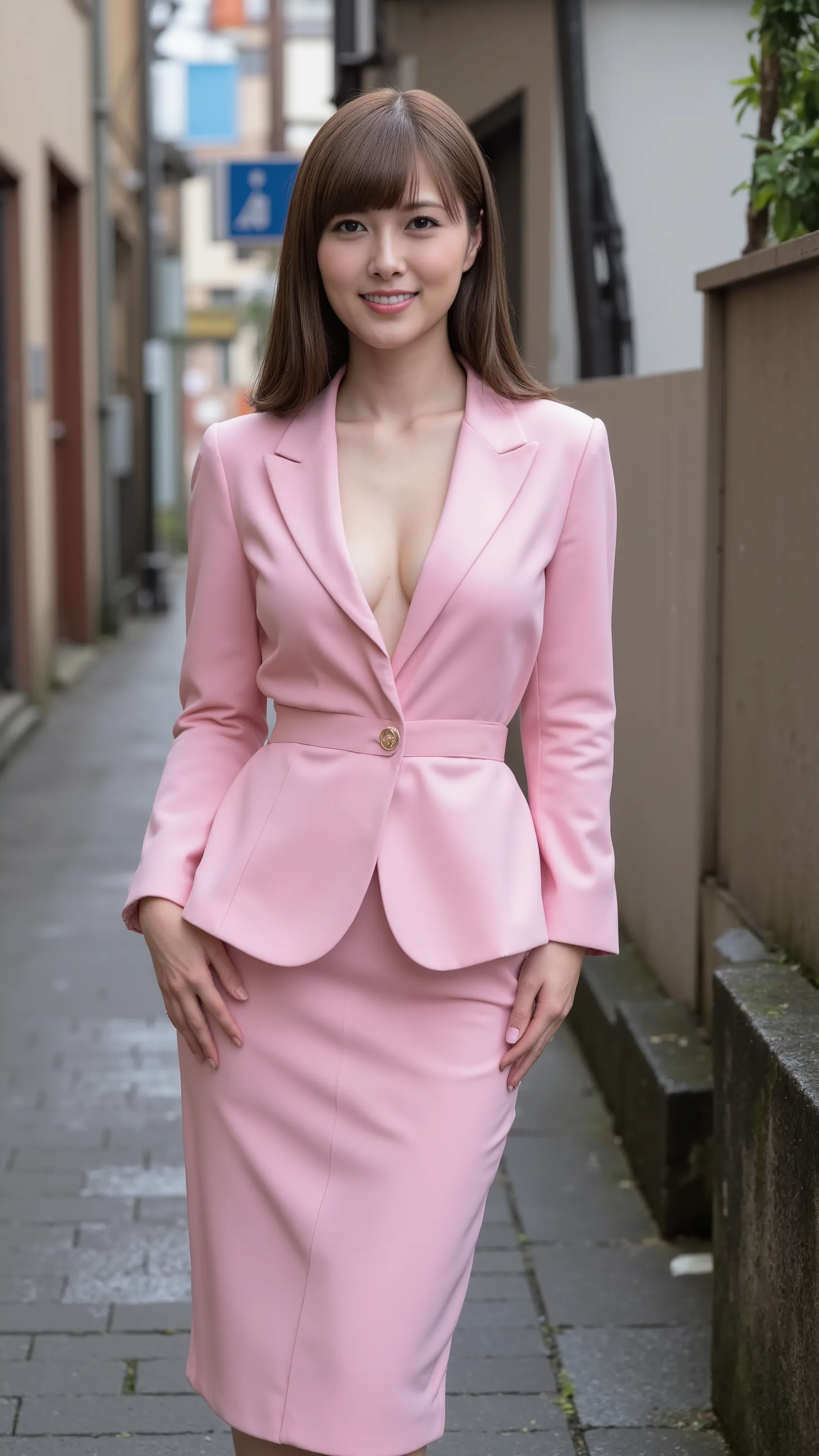 high resolution photograph of a Japanese actress, 8k, RAW Photo, (Best Quality, Masterpiece),(Realistic, photo-realistic:1.2), intricate details, cinematic lighting, portrait, solo, an elegant lady, (pink female office-suit, naked under jacket, pencil skir...