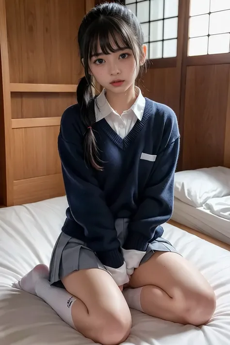  taken from an orphanage when I was 14、  beautiful Japanese girl、school uniform、 miniskirt、 wet white panties、white socks、knees、 twisting my body、I'm scared to see my foster father's penis、(( is frightened:1.2))、 straight cut bangs、 ponytail hair 、 has wet...