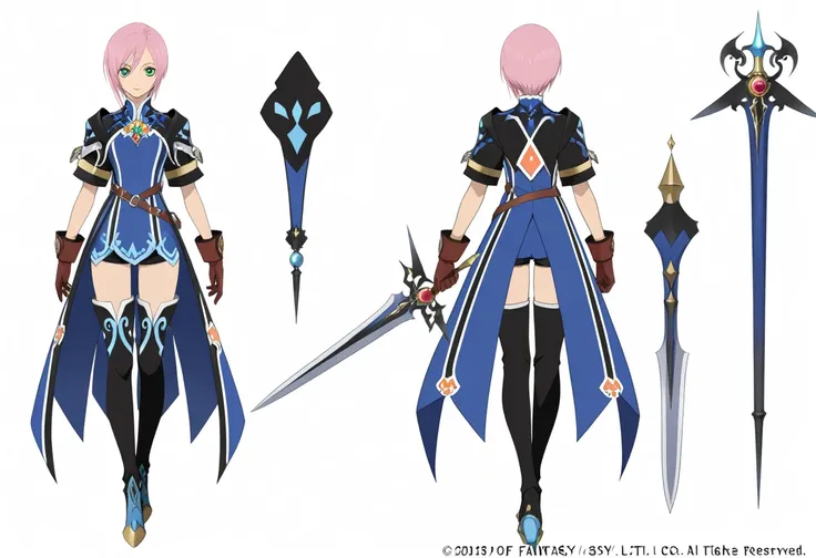  ((full body)), female, reference sheet, solo, (white background), high-fantasy, holding weapon, gloves, thigh high,  tales of, 
