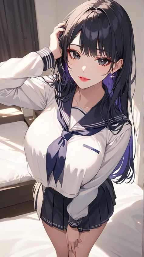  highest quality 　 masterpiece　alta resolución　 masterpiece,  messy black hair , thick and beautiful ,  hair with a stripe in the middle  　 black eyes, Seductive lips,  Provocative smile, white long-sleeved sailor uniform ,  top short that stands out ,   v...