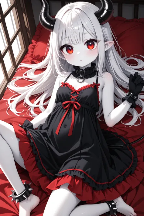  1 girl　Little Devil　Late Night　A dark ruined room 　short black horn　Small corner　 white hair　 semi-long straight hair　 White Skin　 red eyes　big eyes　Short limbs　 Thin Hands and Feet　 barefoot　big tattered white smog dress　Very white clothes　 thick collar ...