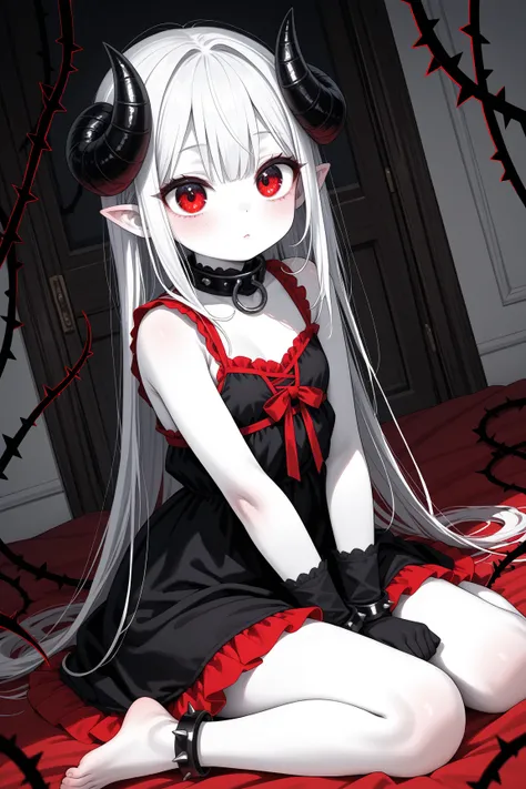  1 girl　Little Devil　Late Night　A dark ruined room 　short black horn　Small corner　 white hair　 semi-long straight hair　 White Skin　 red eyes　big eyes　Short limbs　 Thin Hands and Feet　 barefoot　big tattered white smog dress　Very white clothes　 thick collar ...