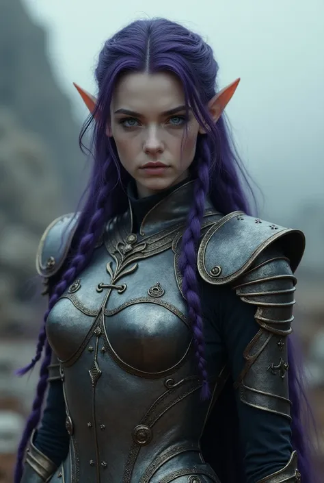 Upper body shot, female, pointy elf ears, white skin, dark purple hair, closed mouth, ancient elven metal armor, combat pose, dynamic pose, complex fantasy character, NSFW, cinematic lighting, fantasy, magic, detailed background, on a ravaged battlefield, ...