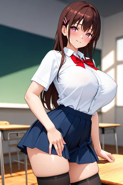  beautiful 3d anime style girl,  with big breasts,   ,  schoolgirl clothes, In a school, showing breasts to the spectator and smiling