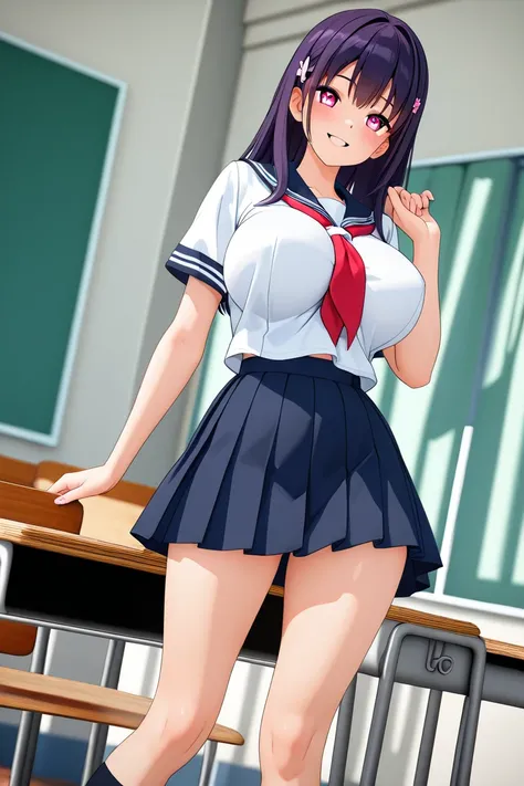  beautiful 3d anime style girl,  with big breasts,   ,  schoolgirl clothes, In a school, showing breasts to the spectator and smiling