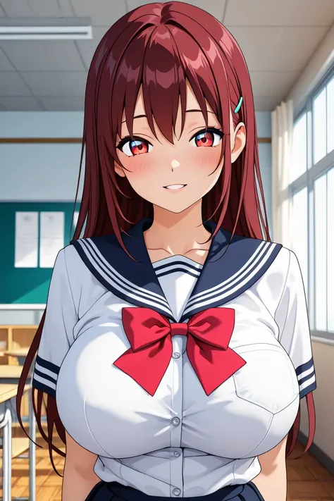  beautiful 3d anime style girl,  with big breasts,   ,  schoolgirl clothes, In a school, showing breasts to the spectator and smiling