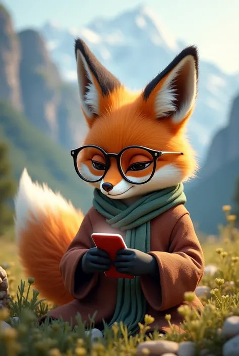 Tibetan fox with glasses texting in the cellphone