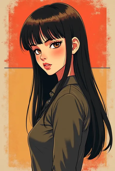 A anime girl styled vintage, and styled as a female jjk character with long straight brown hair and faceless y2k